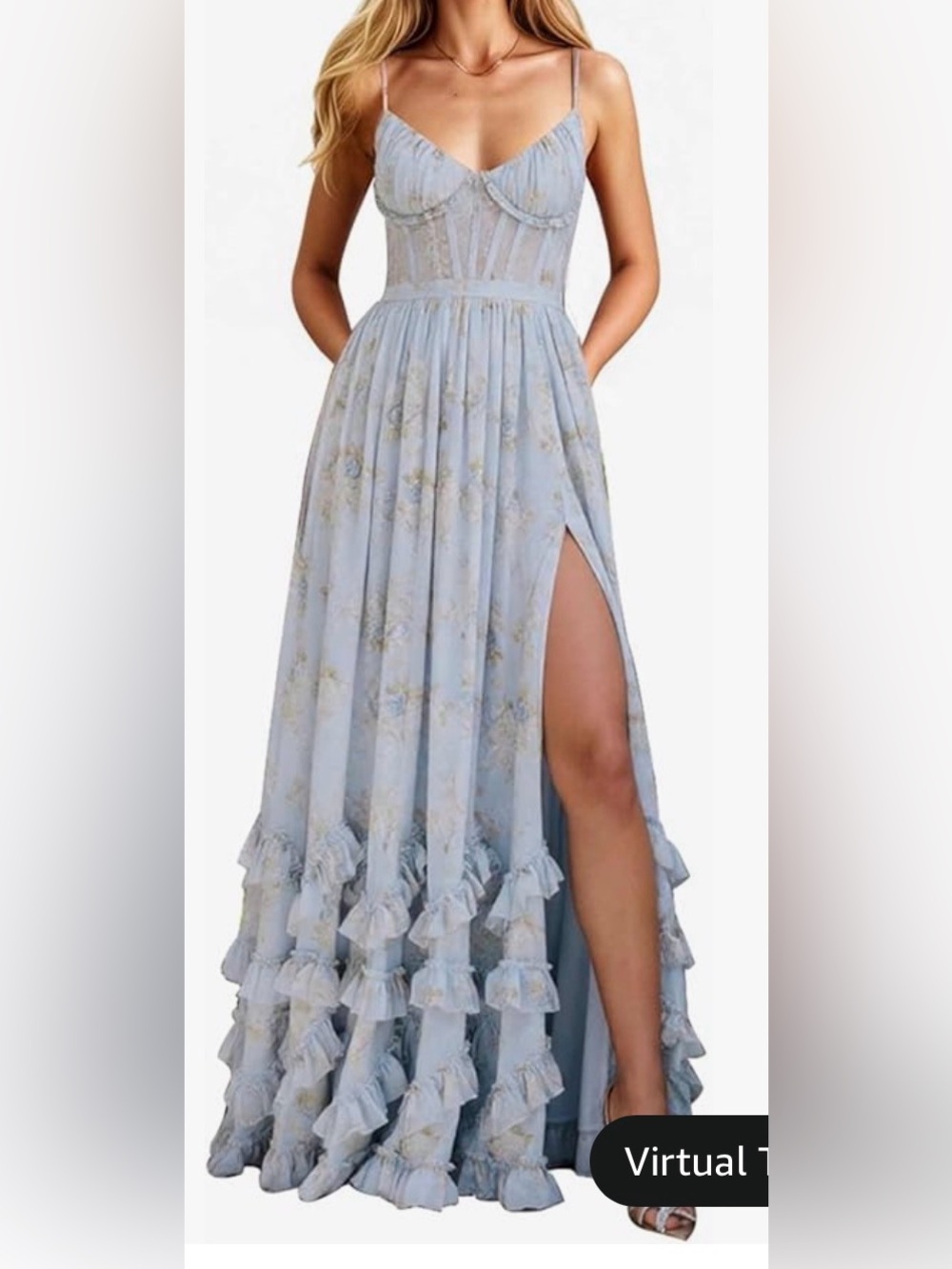 Light Blue Floral Ruffle Maxi Skirt with Side Slit